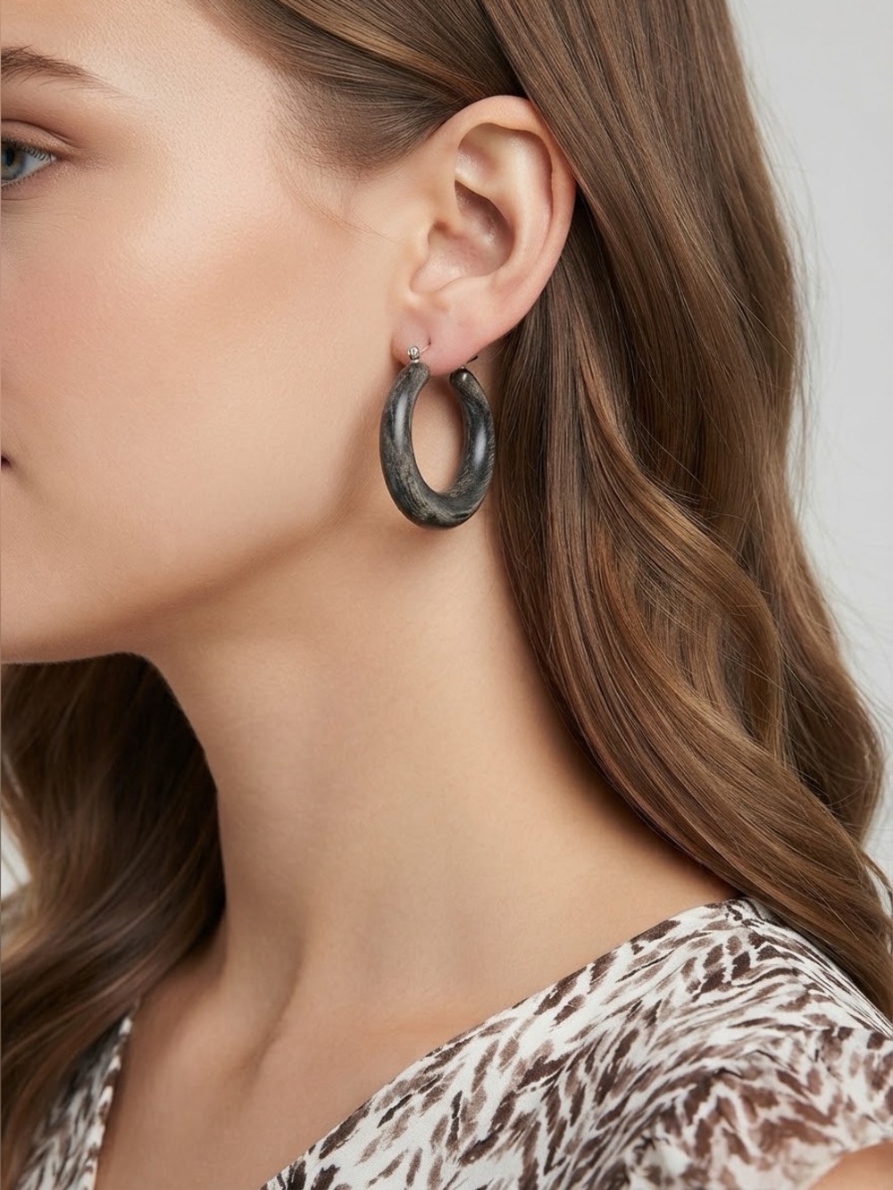 Natural Wood Hoop Earrings | Polished Wooden Grain Silver Tone Hinge Post